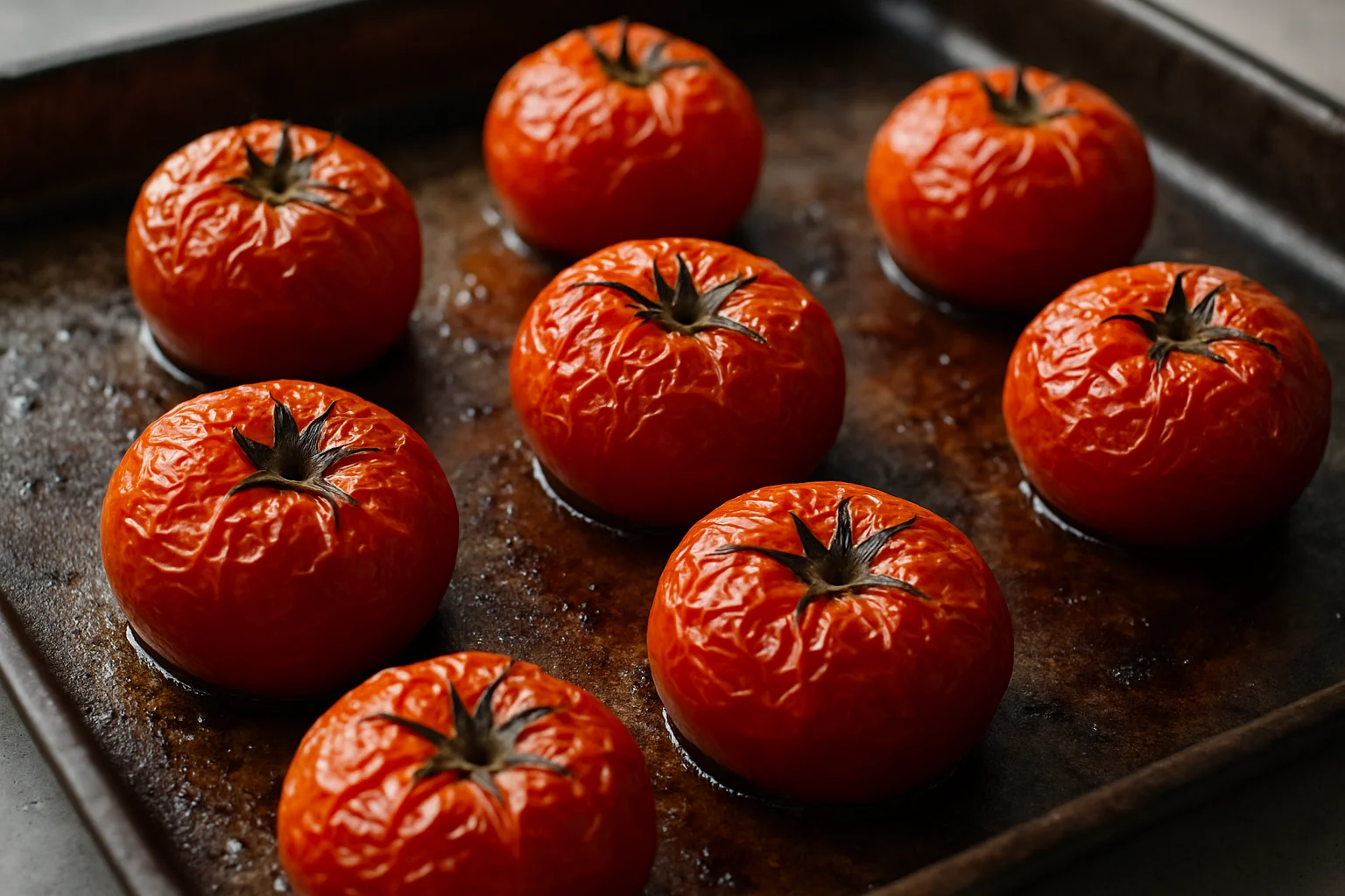 Tomates en train de rôtir sur une plaque, bien espacées, avec une surface légèrement grillée et sans excès de jus.