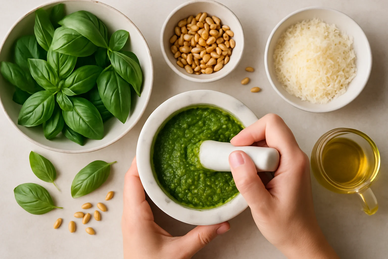 Préparation d’un pesto maison avec basilic, pignons grillés, fromage râpé et huile d’olive, en vue du dessus.
