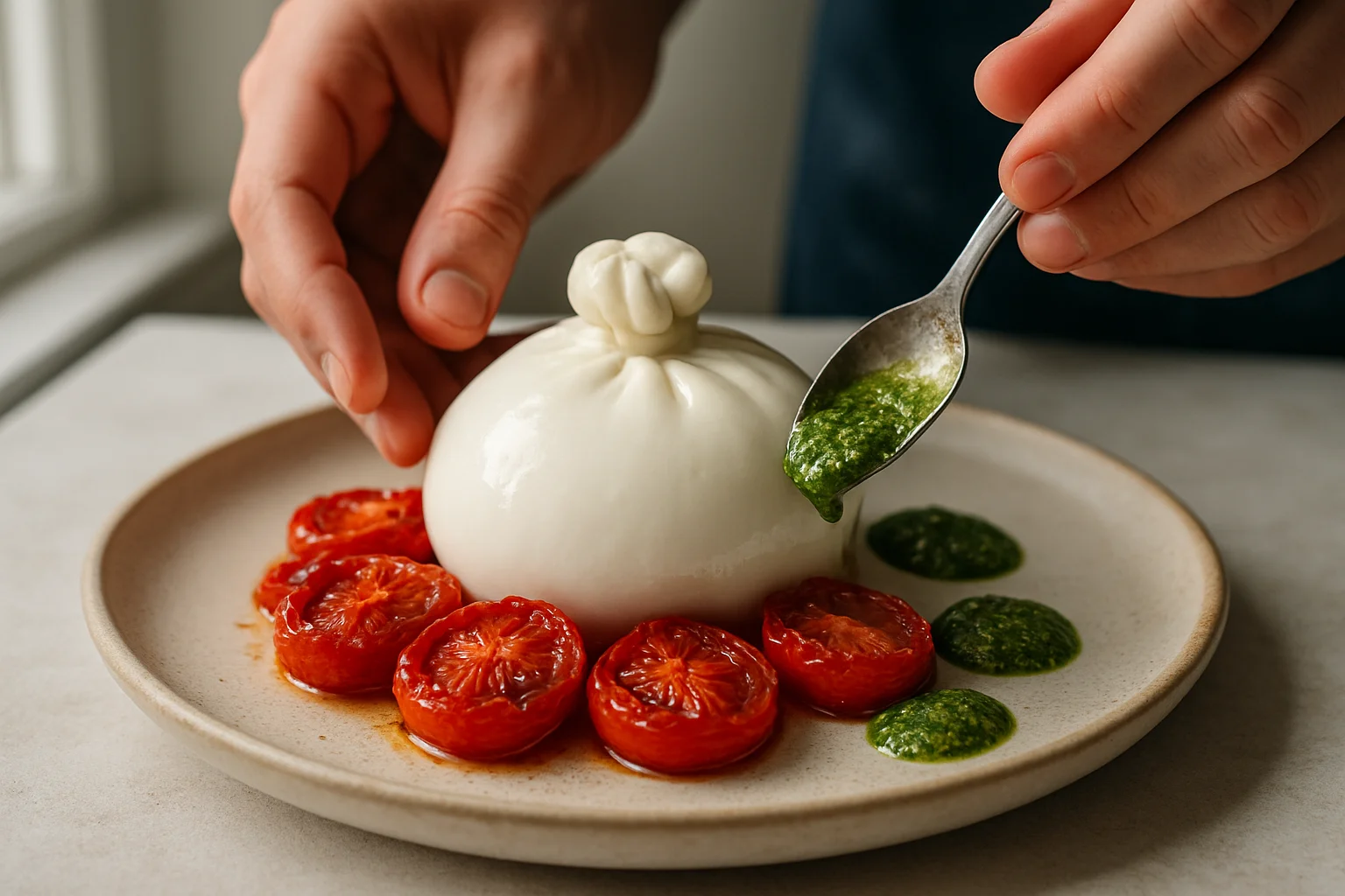 Dressage de l’assiette avec une burrata déposée au centre, entourée de tomates rôties et de pesto.