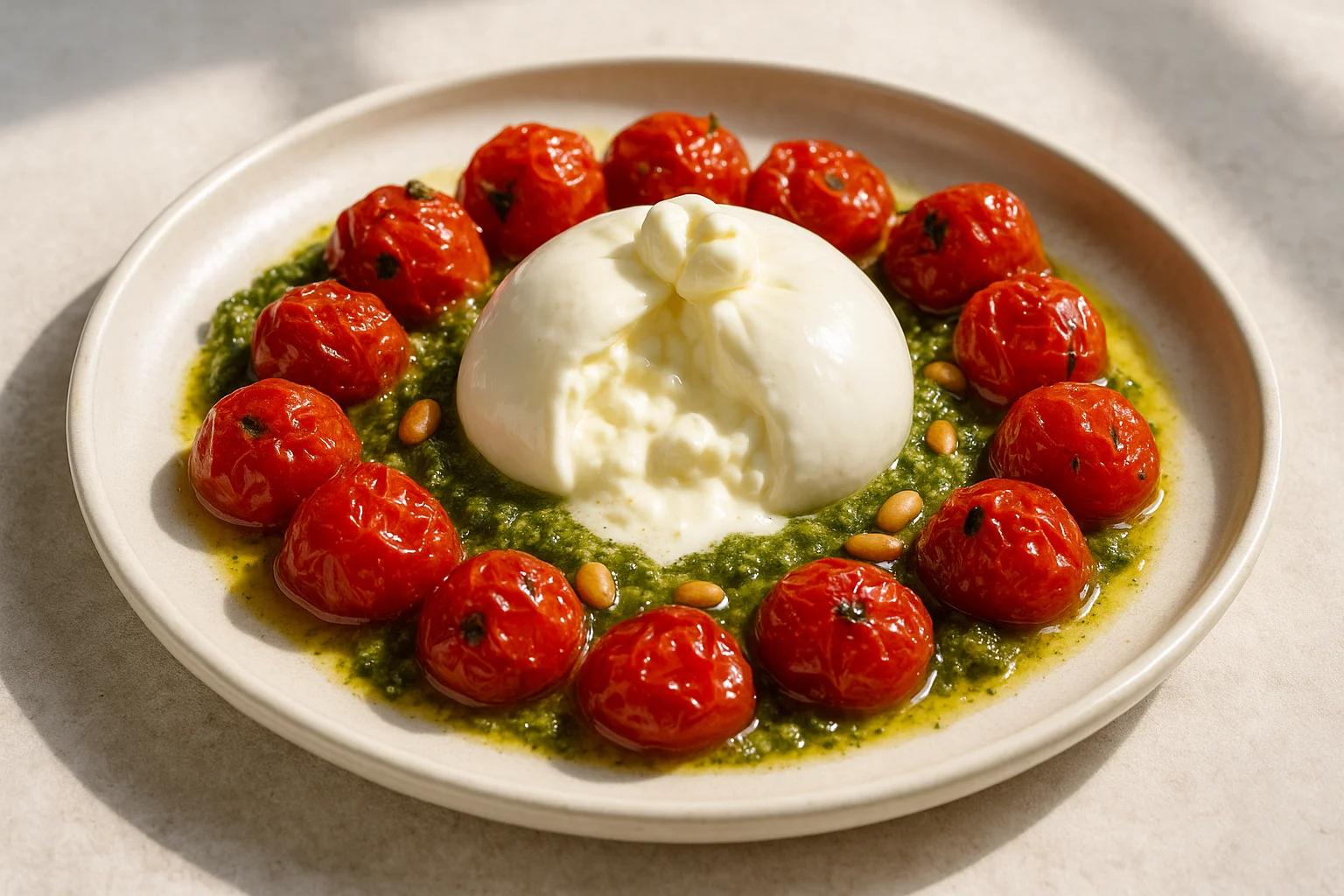 Burrata crémeuse, tomates rôties et pesto maison