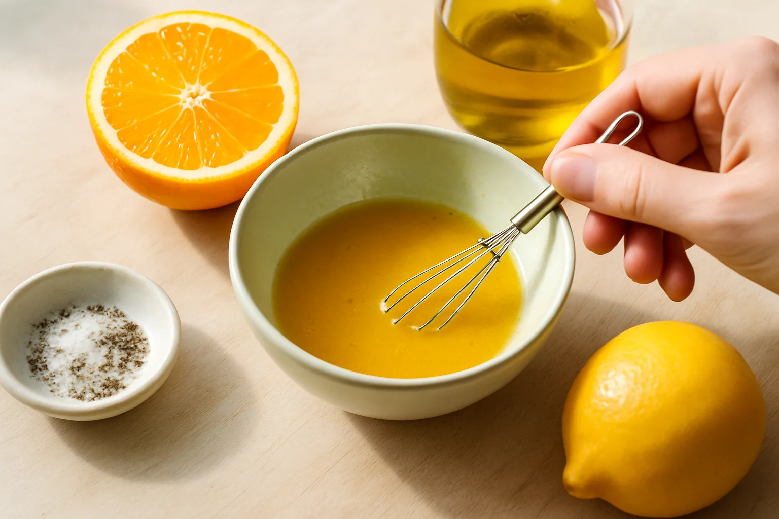 Préparation d’une vinaigrette à l’orange dans un petit bol, mélangée sur un plan de travail propre.
