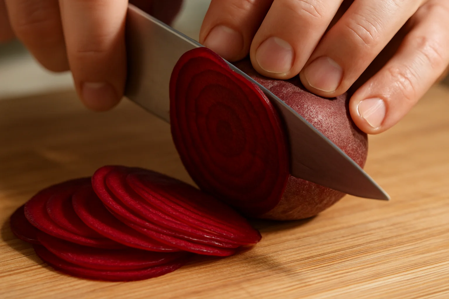 Betteraves tranchées très finement au couteau sur une planche, avec plusieurs rondelles déjà coupées.