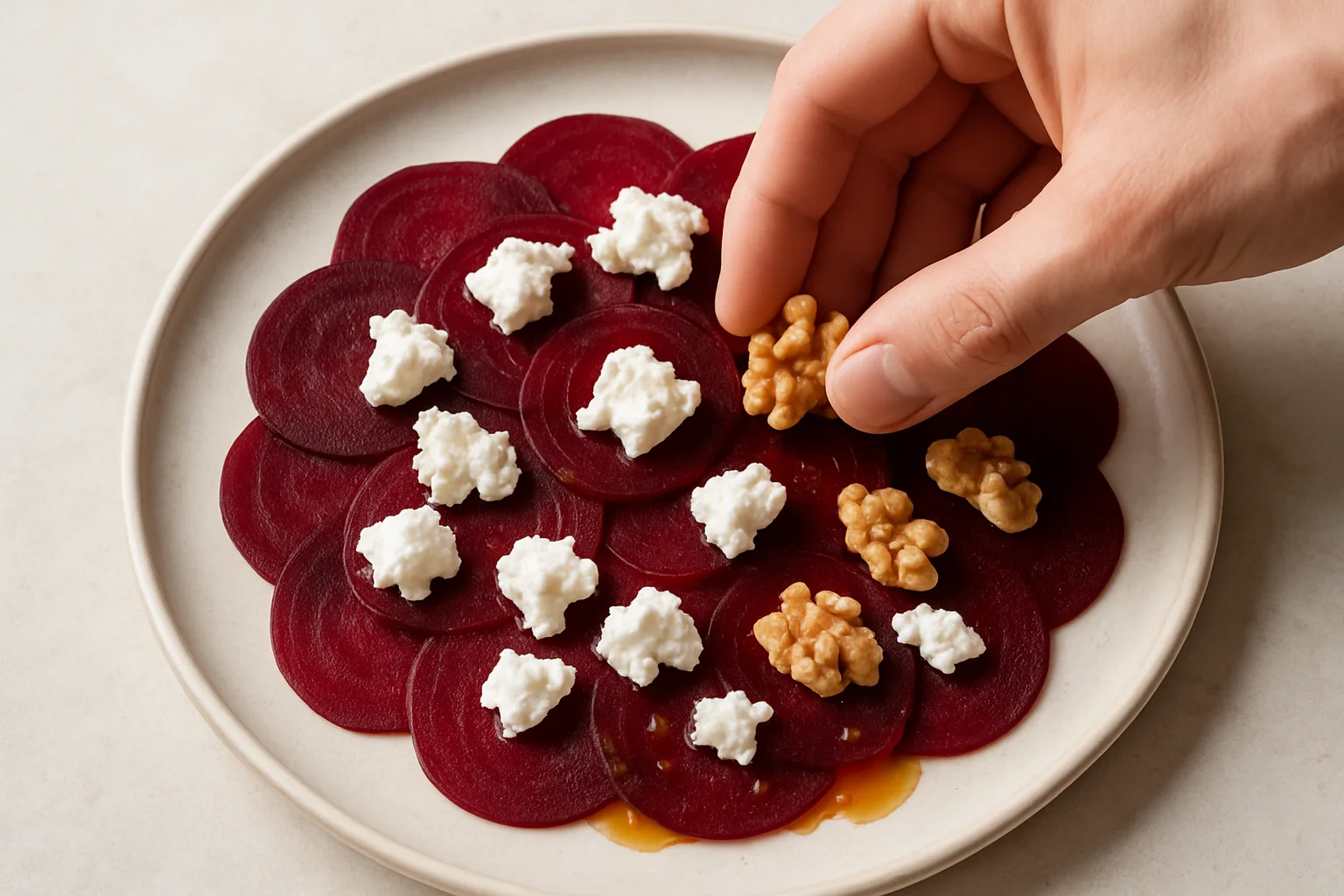 Dressage d’un carpaccio de betterave en fines couches, avec ajout de chèvre frais, de noix et d’un filet de vinaigrette à l’orange.