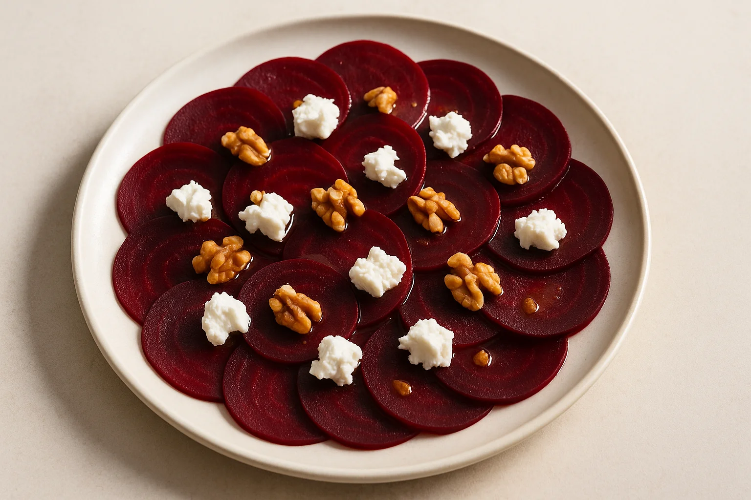 Carpaccio de betterave, chèvre frais et noix en 20 min