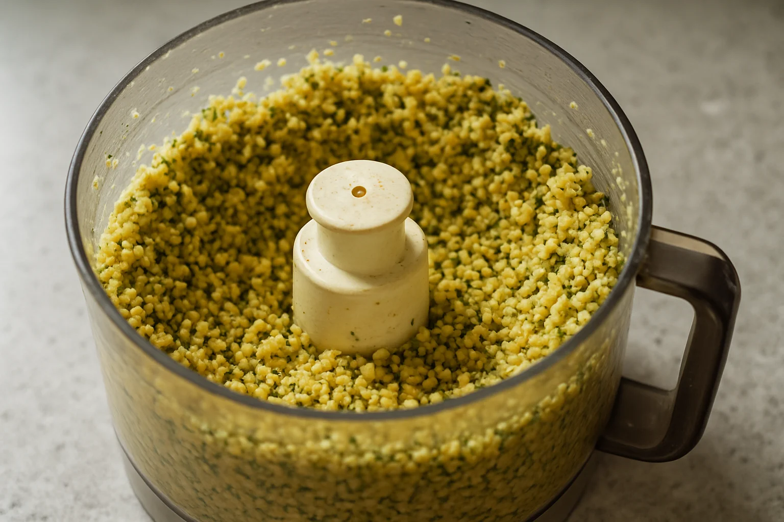 Bol de mixeur contenant une pâte à falafels à texture granuleuse, non réduite en purée.