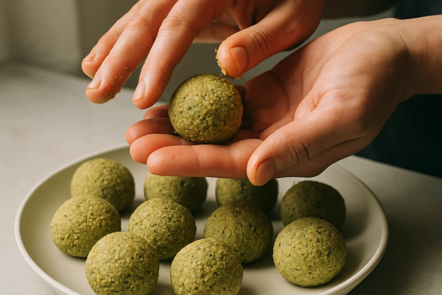 Mains en train de façonner des falafels réguliers et de taille uniforme.