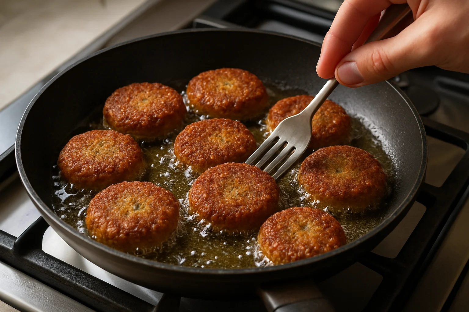 Falafels en train de cuire à la poêle jusqu’à obtenir une surface dorée et croustillante.