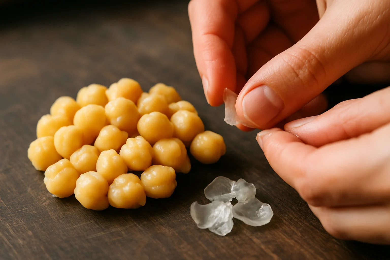 Gros plan sur des pois chiches cuits dont les peaux sont retirées à la main, avec quelques peaux séparées à côté.