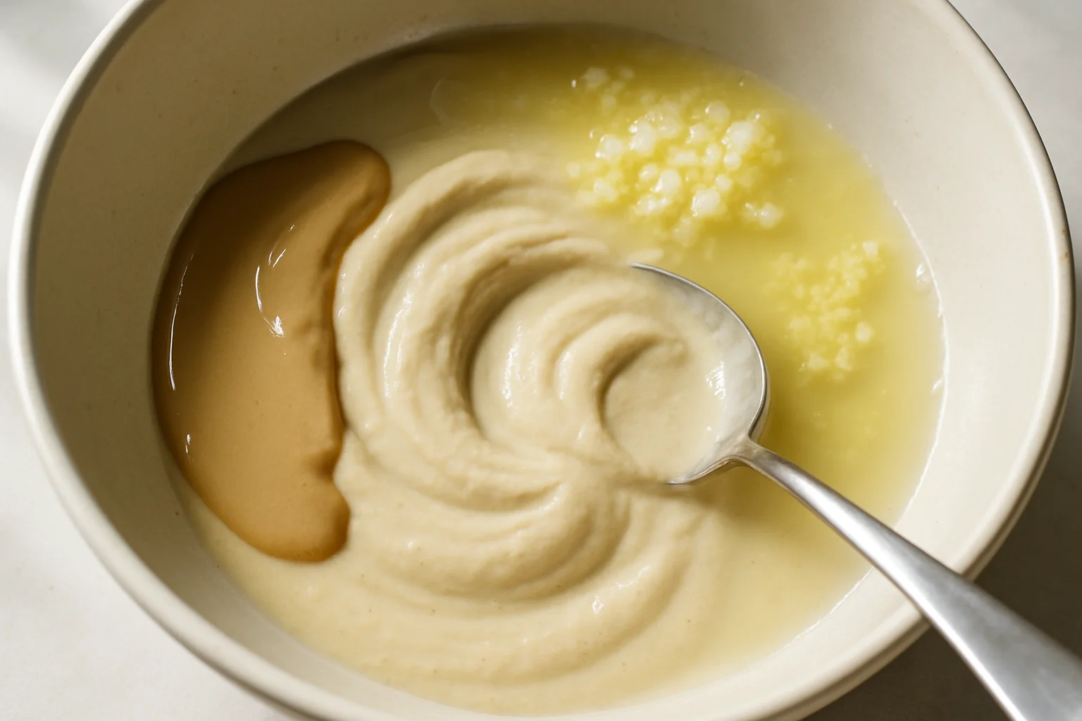 Un bol contenant un mélange de tahini, jus de citron et ail, remué avec une cuillère pour former une base crémeuse.