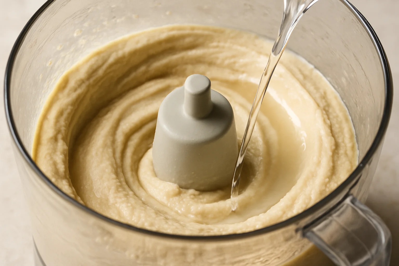 Du houmous en cours de mixage reçoit un peu d’eau de cuisson pour ajuster précisément sa consistance.