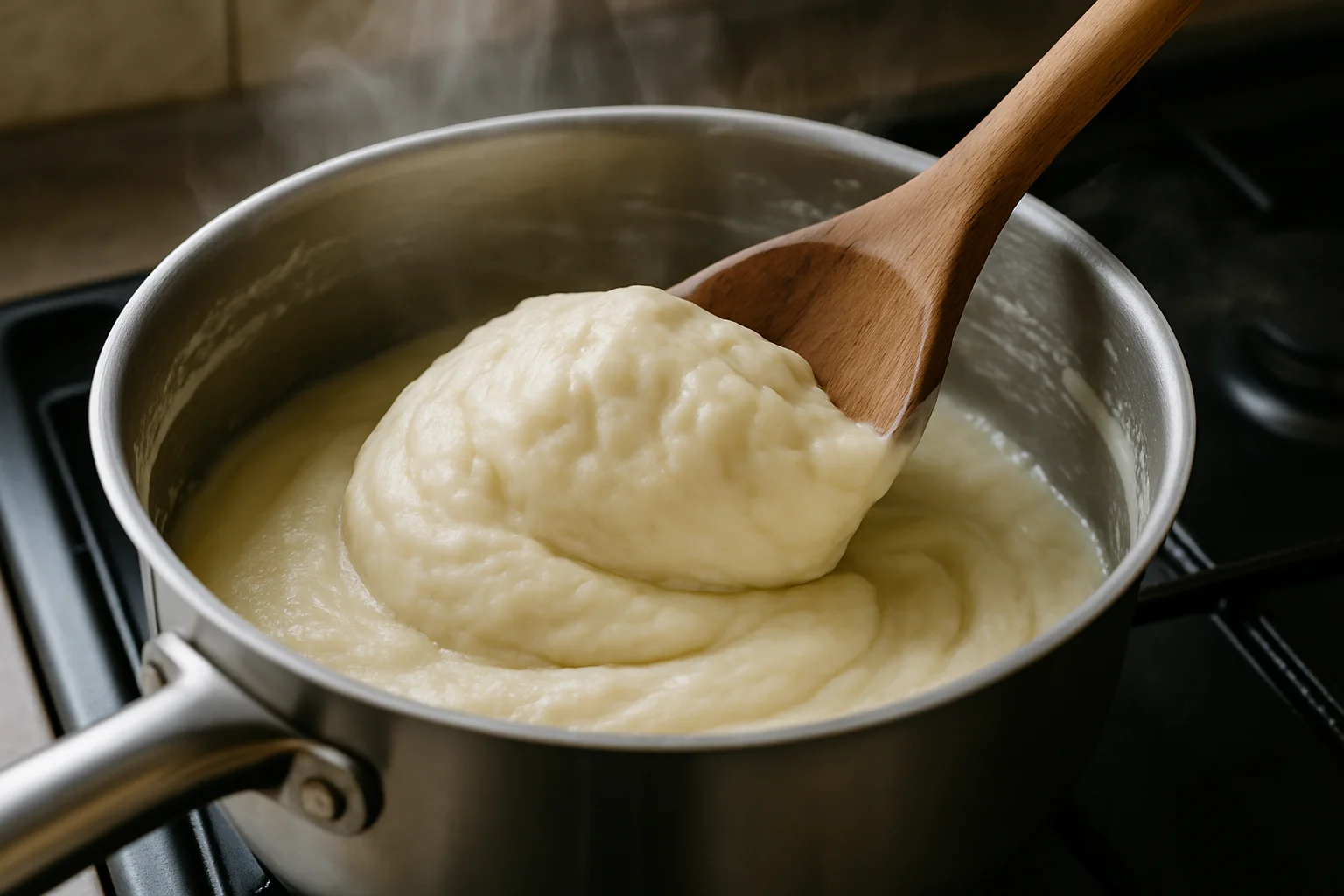 Une casserole sur une plaque contient une béchamel très épaisse remuée avec une cuillère en bois, la masse se détache des parois.