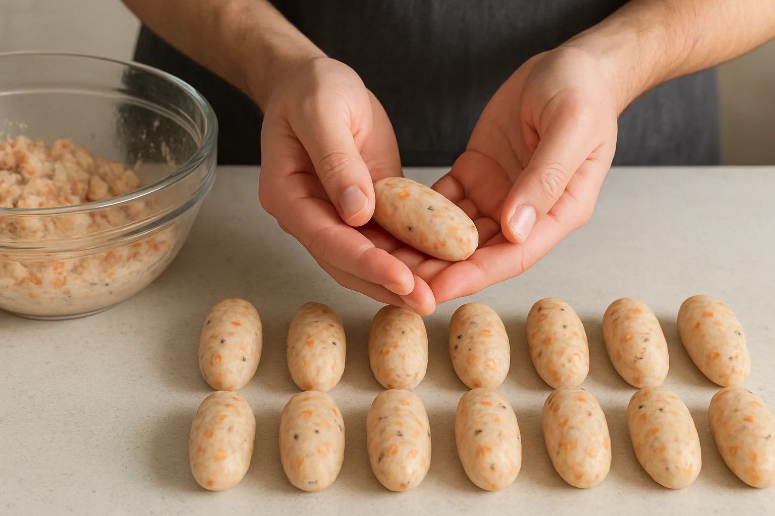 Des mains façonnent l’appareil refroidi en croquettes régulières de taille uniforme sur un plan de travail.