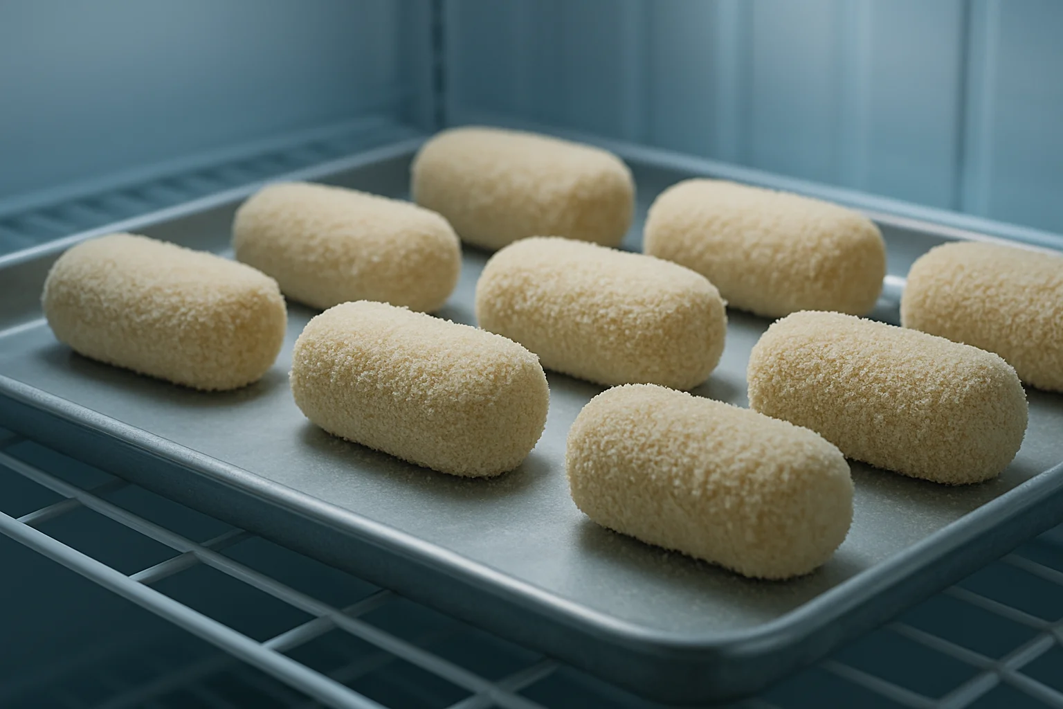 Des croquettes panées reposent au froid sur un plateau pour raffermir leur enrobage.