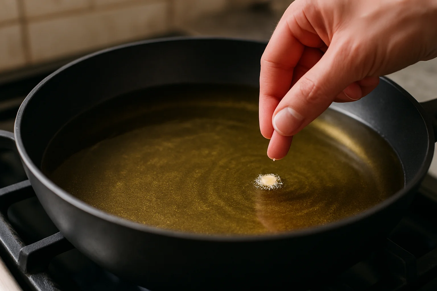 Une poêle profonde d’huile chauffe modérément, avec un petit morceau de panure approché de la surface pour vérifier la température.