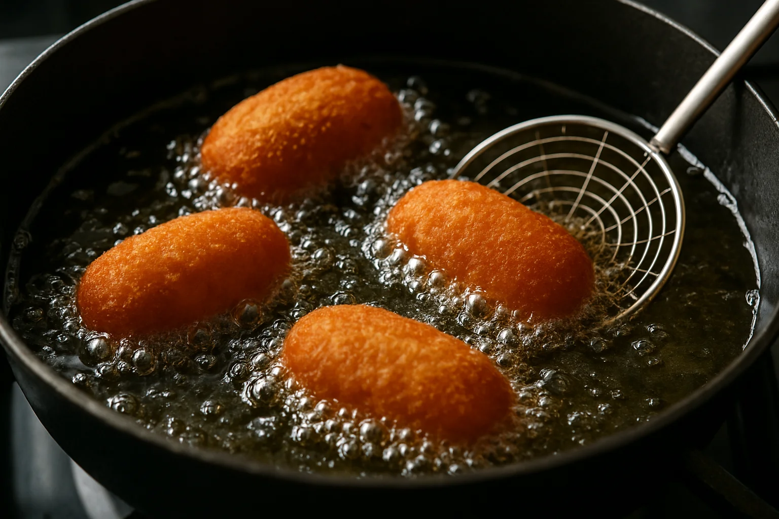 Quelques croquettes seulement fritent en même temps dans l’huile chaude, bien espacées avec une friture régulière.