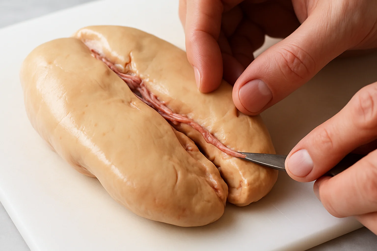 Un lobe de foie gras ouvert sur une planche, pendant que des mains retirent délicatement les veines.