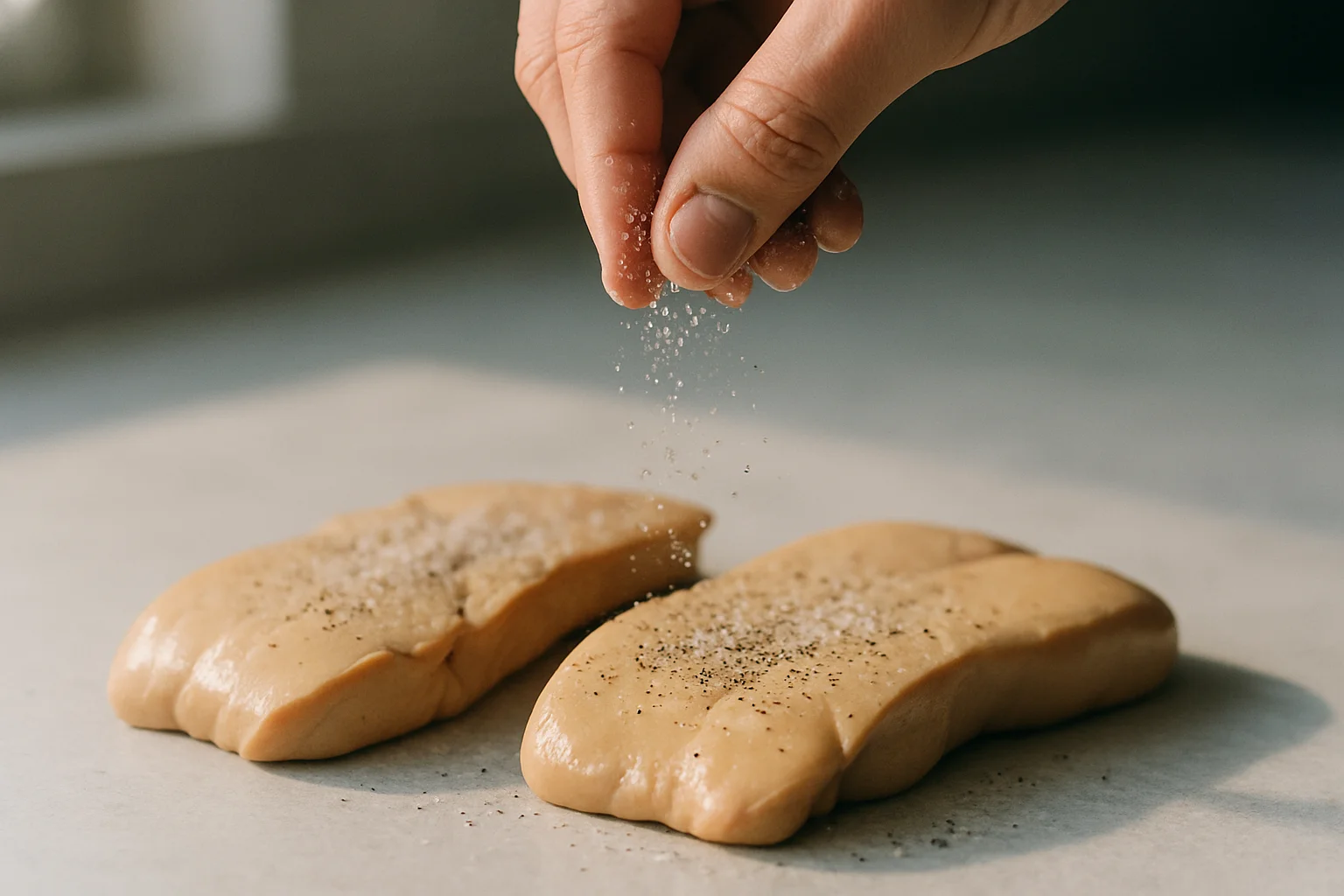 Des morceaux de foie gras ouverts reçoivent un assaisonnement réparti uniformément à la main.