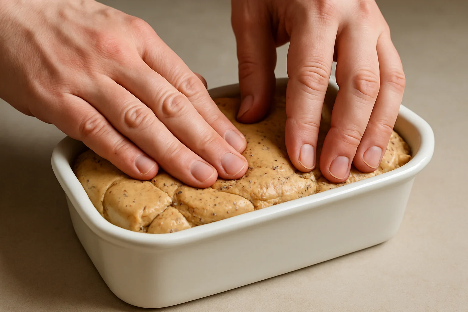Du foie gras assaisonné est tassé dans une terrine simple à l’aide des mains.