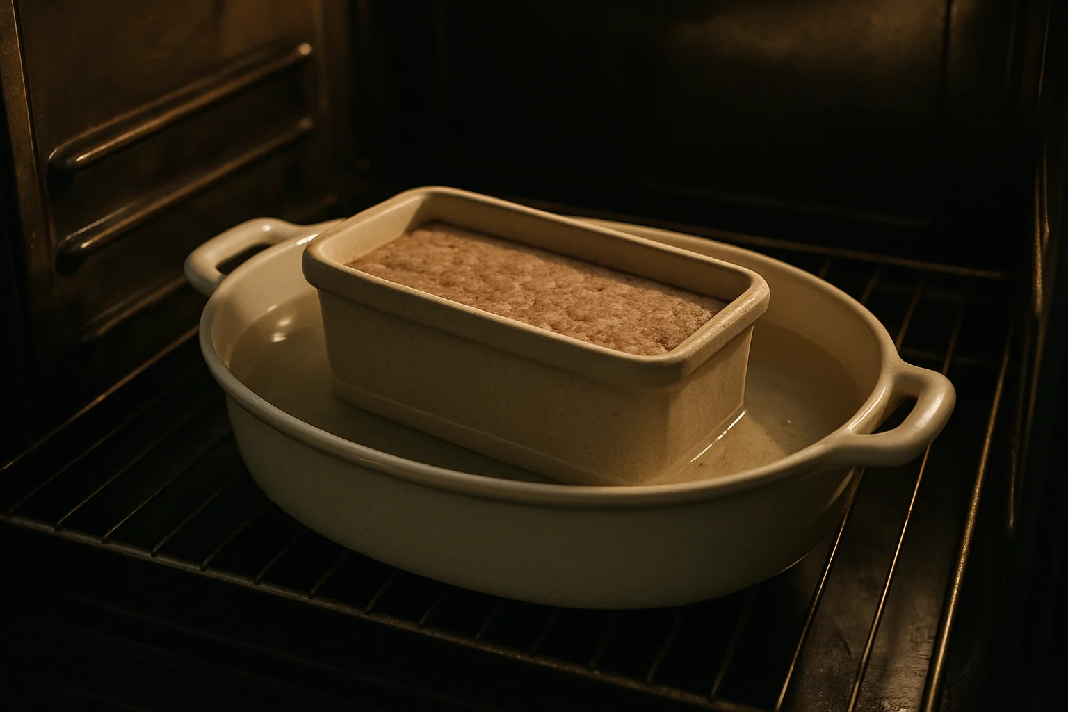 Une terrine est placée dans un bain-marie pour une cuisson douce.