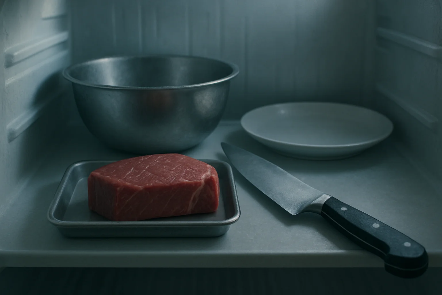 Un morceau de bœuf cru, un couteau, un bol métallique et une assiette refroidis dans un environnement réfrigéré.