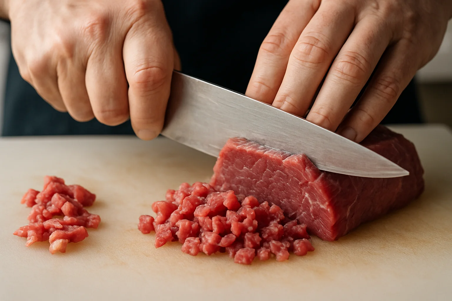 Des mains parent puis coupent finement au couteau un morceau de bœuf cru sur une planche.