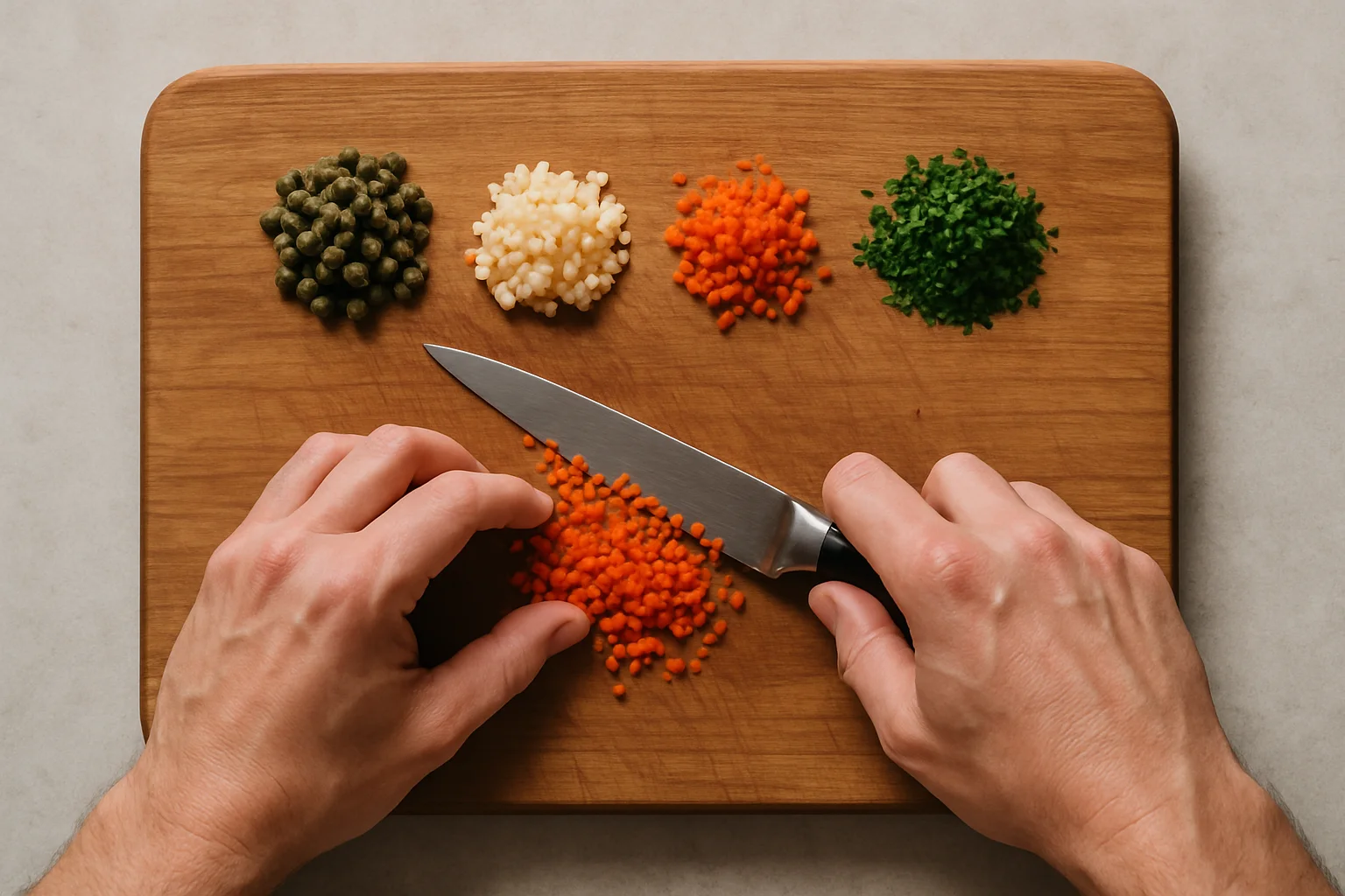 Des condiments sont taillés très finement au couteau sur une planche, en petits tas séparés.