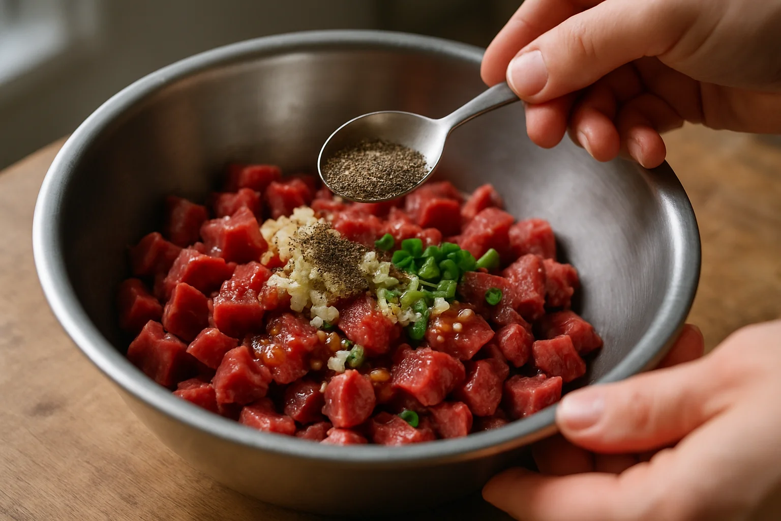 Le bœuf coupé est assaisonné progressivement dans un bol avec les condiments puis mélangé délicatement.