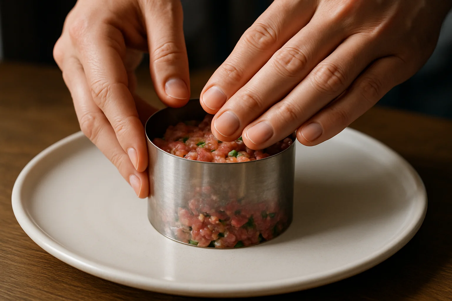 Le tartare assaisonné est moulé dans un cercle métallique sur une assiette pour former un cylindre net.