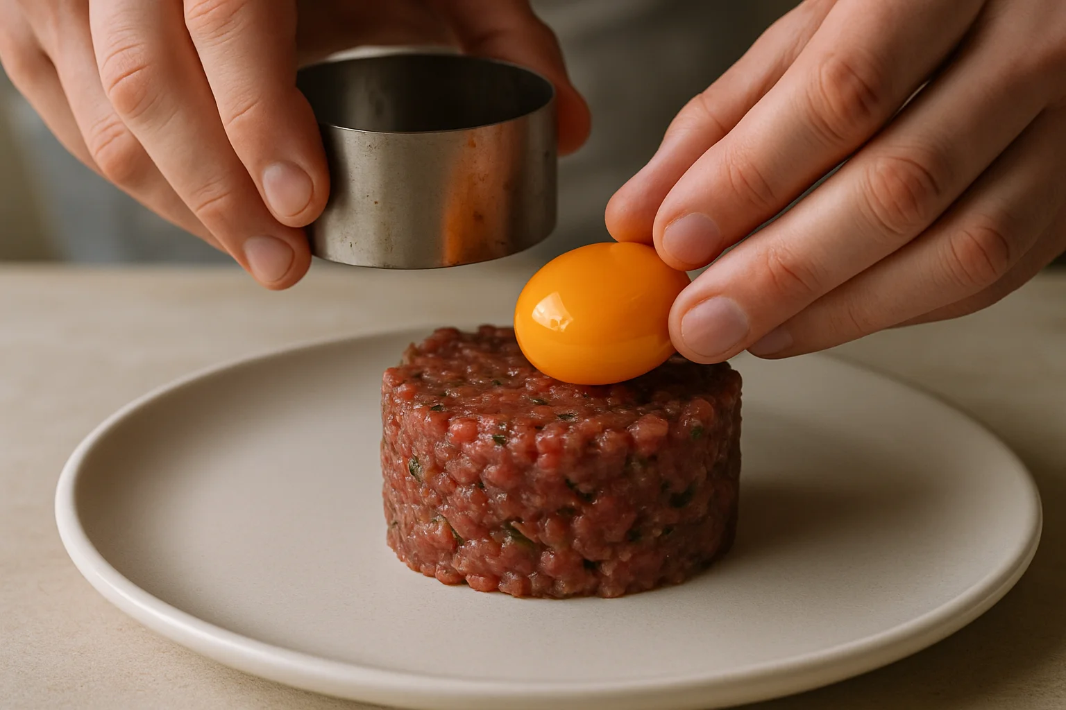 Le jaune d’œuf est déposé sur le tartare moulé dans l’assiette juste avant de servir.