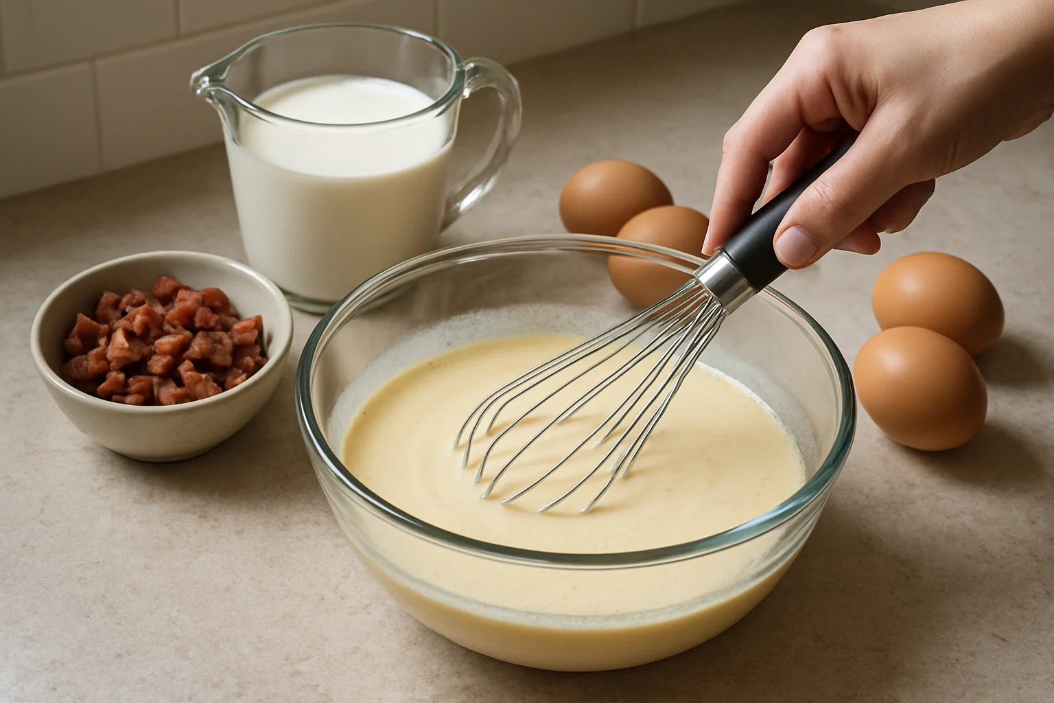 Un appareil à quiche est fouetté dans un saladier jusqu’à devenir lisse et homogène, avec œufs, crème et lardons cuits à proximité.