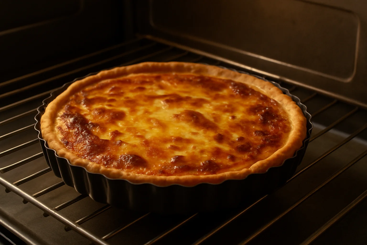 La quiche lorraine en fin de cuisson présente un dessus bien doré et un centre encore fondant dans son moule.