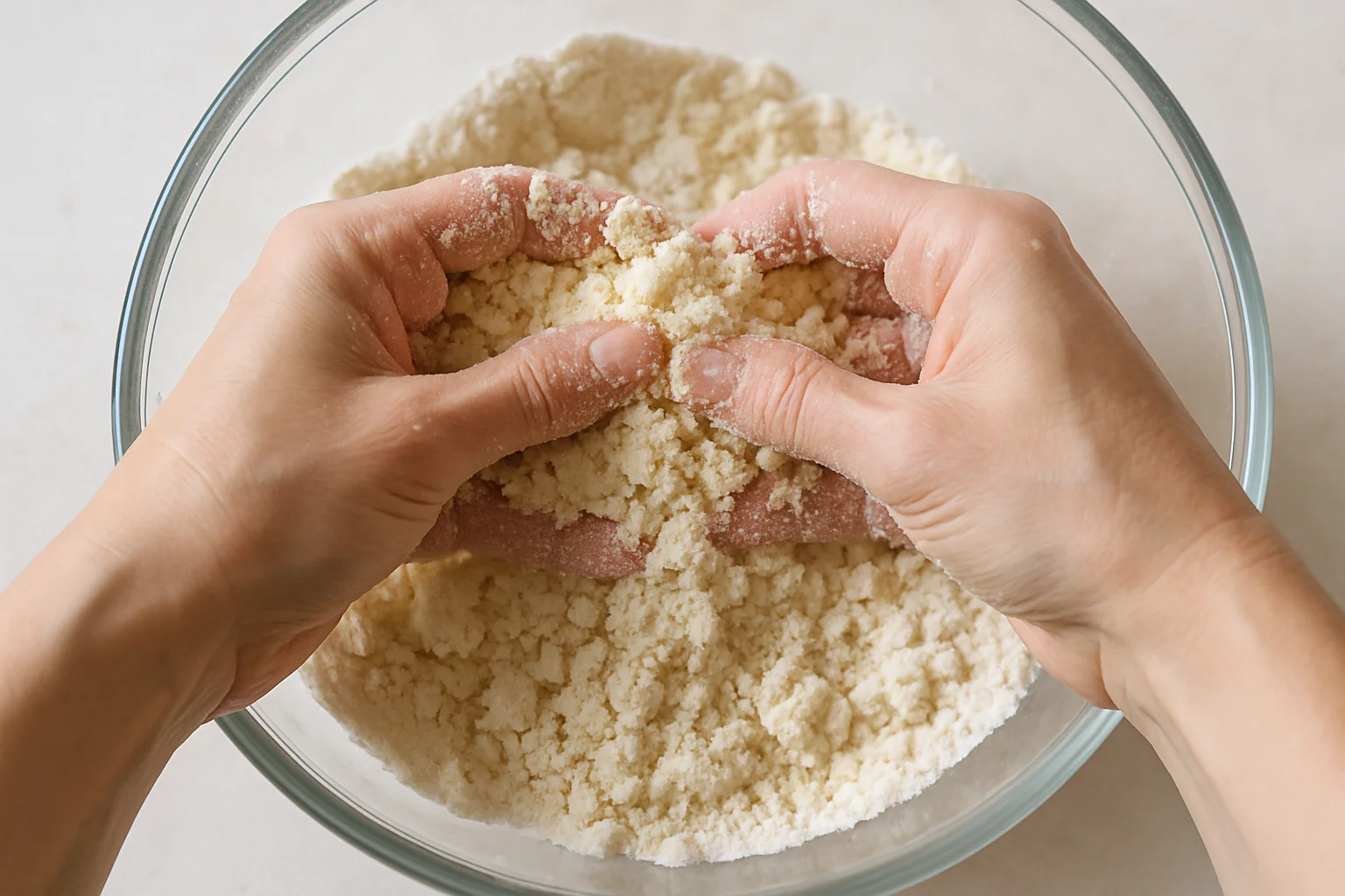 Des mains sablent la farine avec la matière grasse dans un saladier pour obtenir une texture granuleuse de pâte brisée.