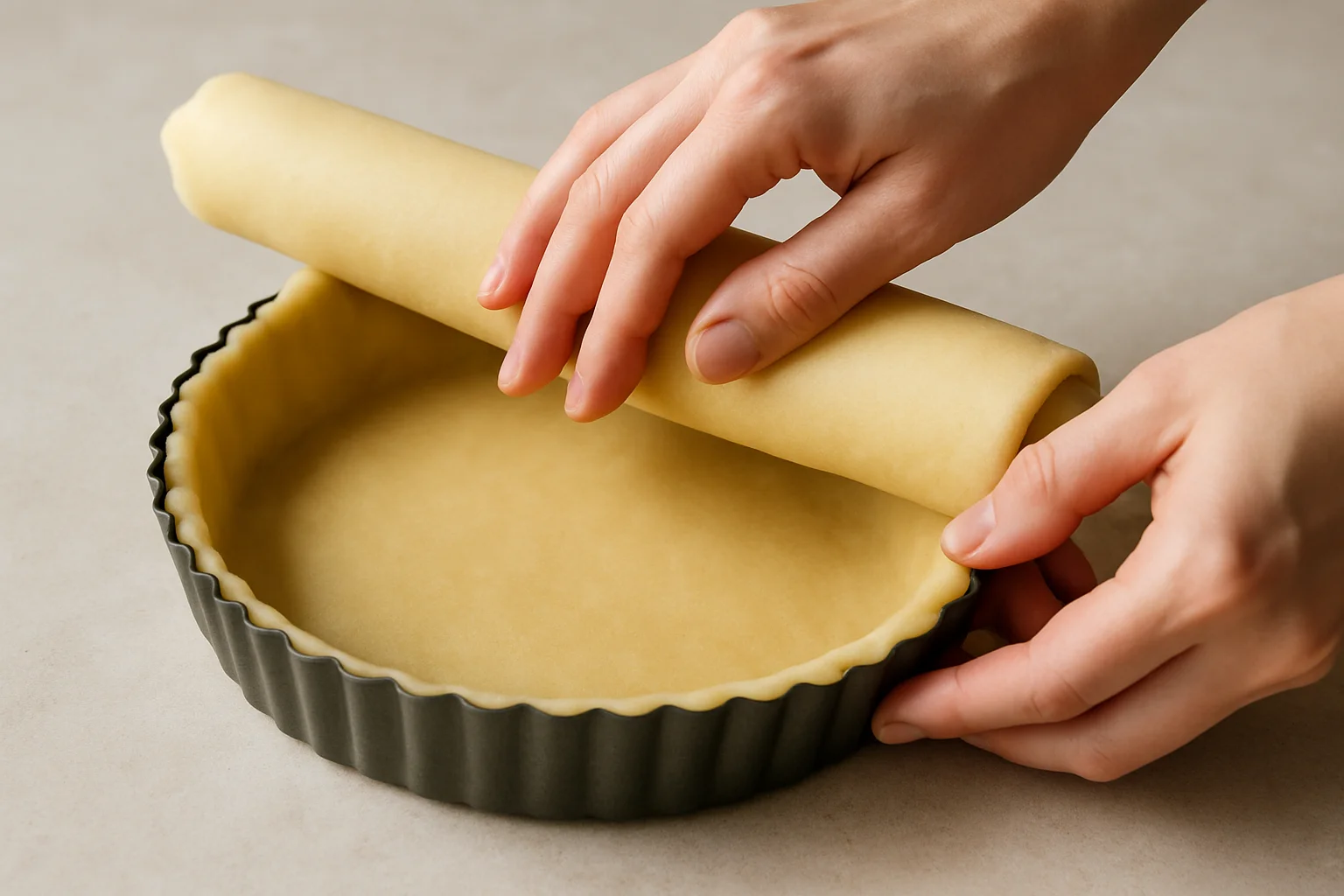 La pâte brisée est déposée dans un moule à tarte et ajustée délicatement sur les bords sans être étirée.