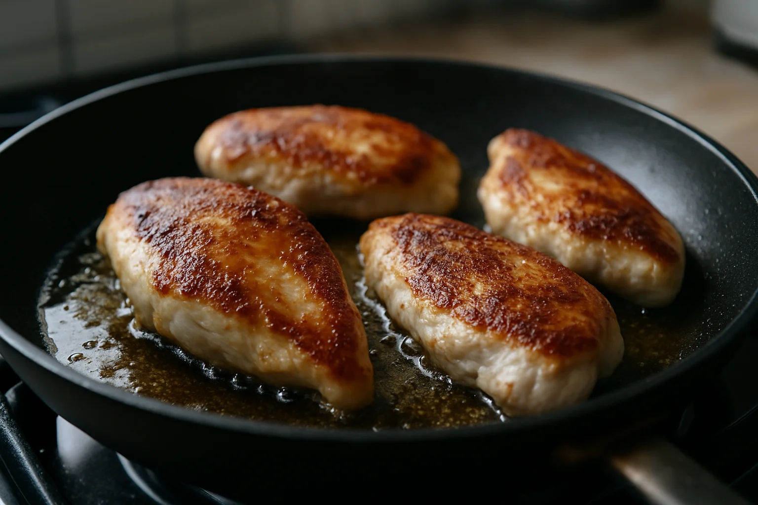 Du poulet cuit dans une poêle avec une surface bien dorée et croustillante, vu de près dans une cuisine sobre.