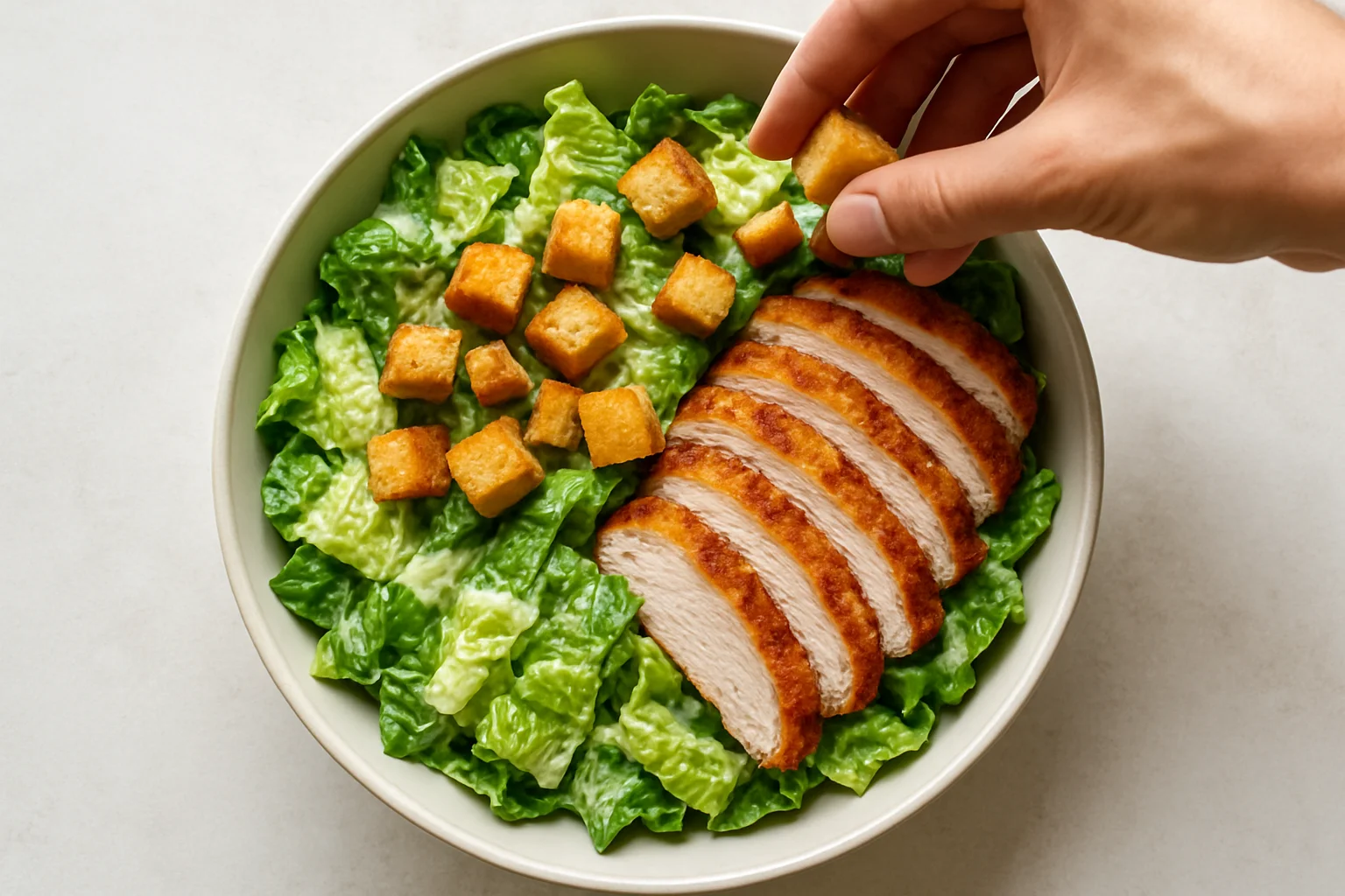 Montage final d’une salade César dans un grand saladier avec laitue, sauce crémeuse, croûtons dorés et morceaux de poulet.