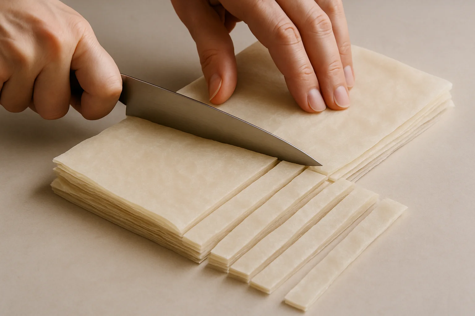 Gros plan de mains découpant des feuilles de brick en longues bandes régulières sur un plan de travail simple.