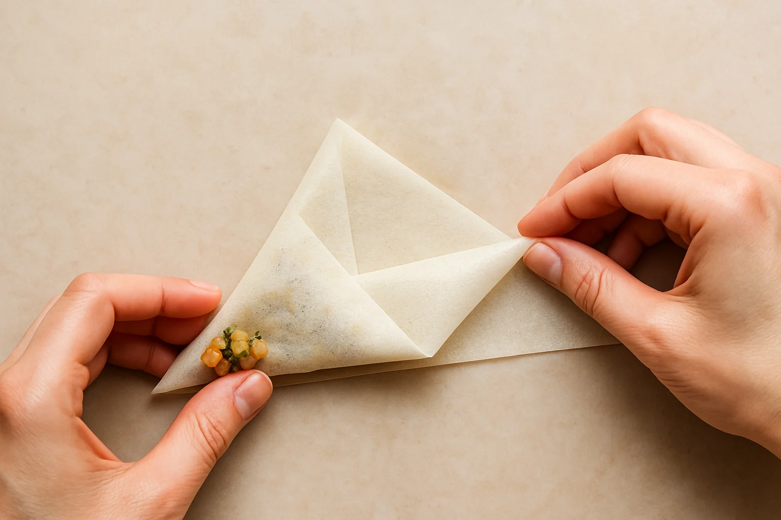Mains en train de plier une bande de feuille de brick en triangle autour de la farce sur un plan de travail.
