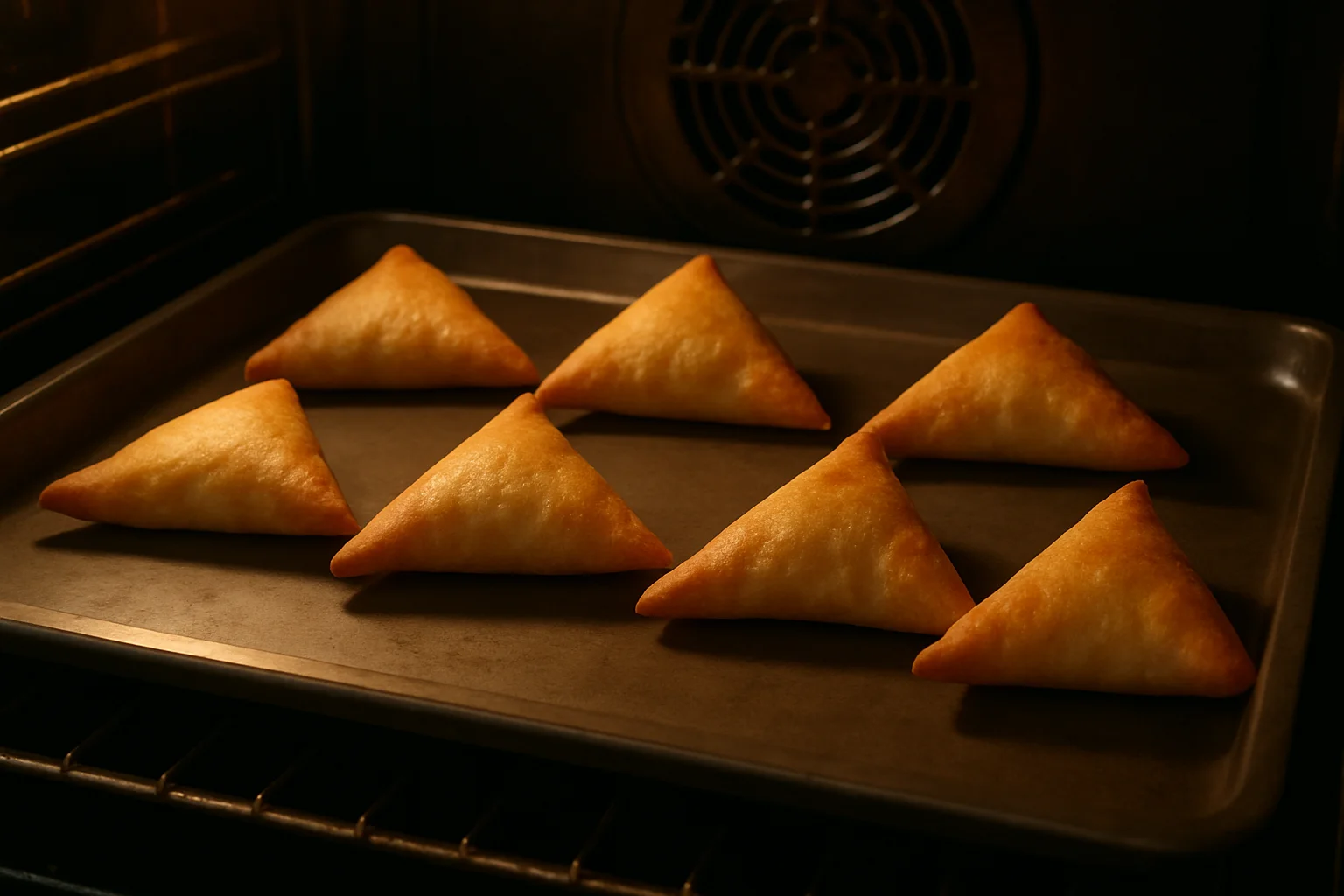 Samoussas triangulaires en cuisson au four sur une plaque, en train de dorer de façon homogène.