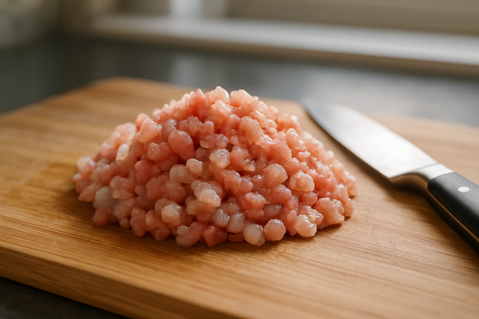 Farce de porc et crevettes finement hachée sur une planche en bois avec un couteau de chef à côté.
