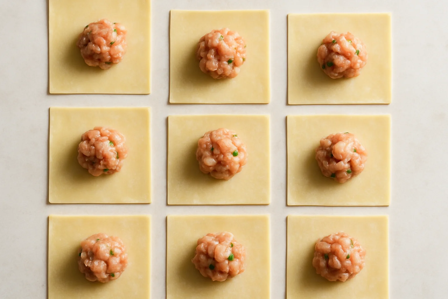 Petites portions de farce déposées au centre de carrés de pâte à wonton posés à plat.