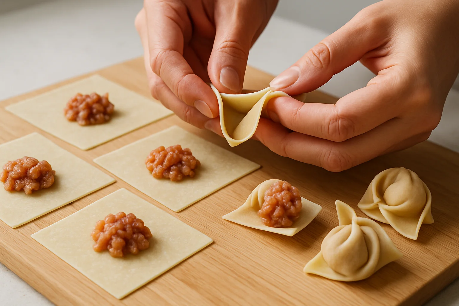 Wontons en cours de pliage, avec la pâte repliée et pincée autour de la farce.