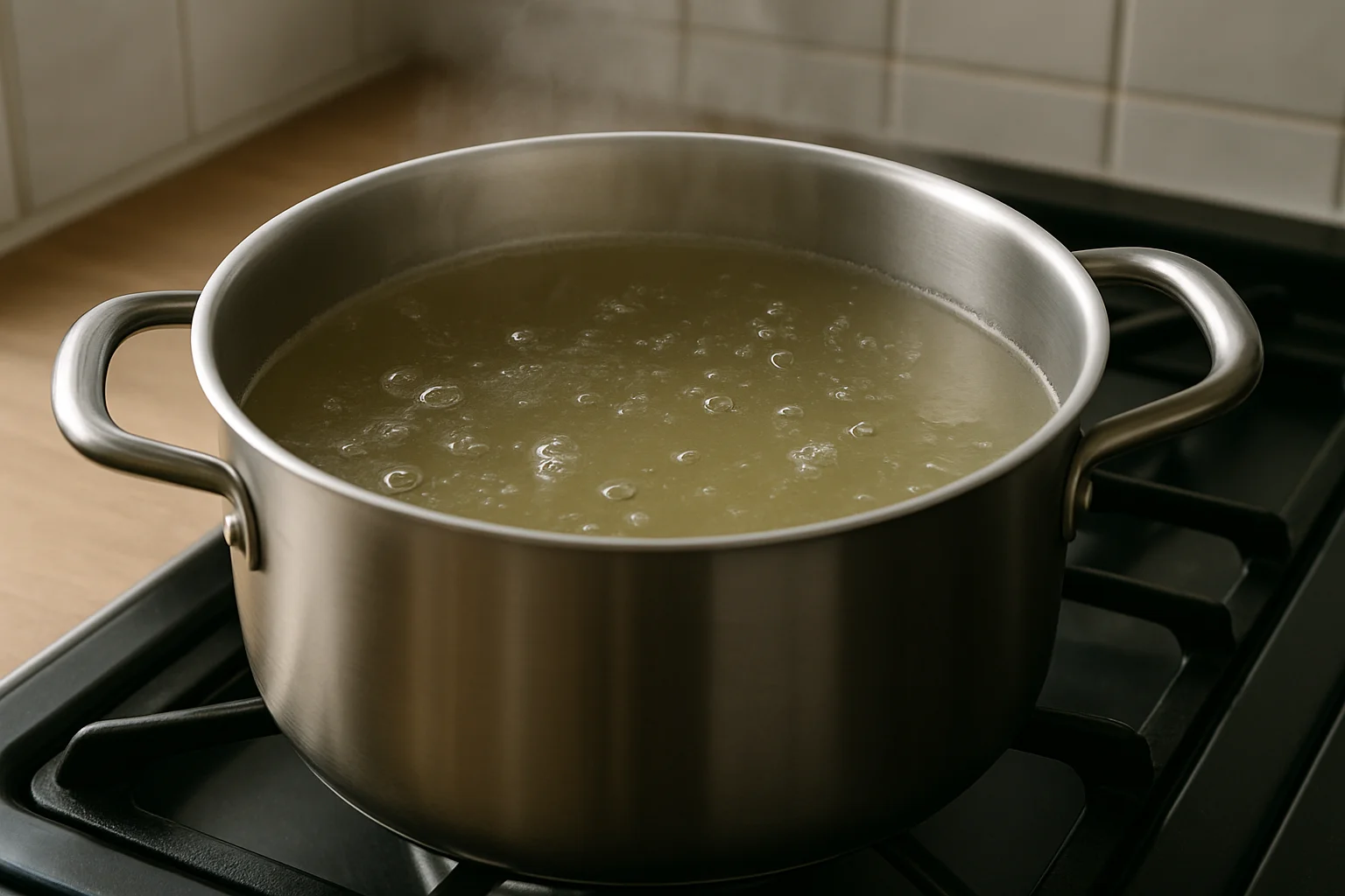 Casserole de bouillon clair frémissant doucement avec de petites bulles à la surface.
