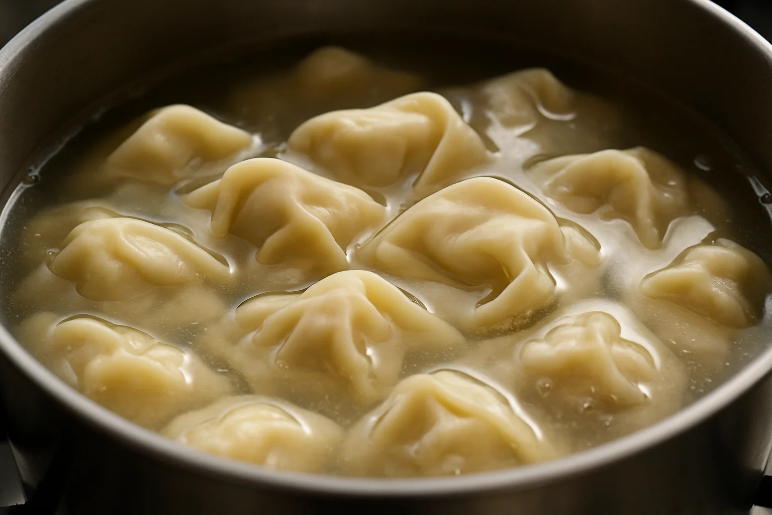 Wontons pliés en train de cuire dans un bouillon clair frémissant.