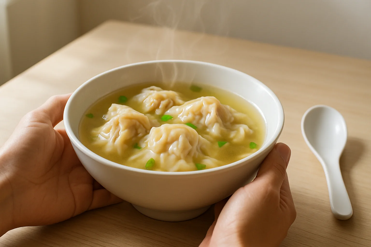Bol de soupe de wontons au bouillon clair, servi chaud avec une cuillère simple.