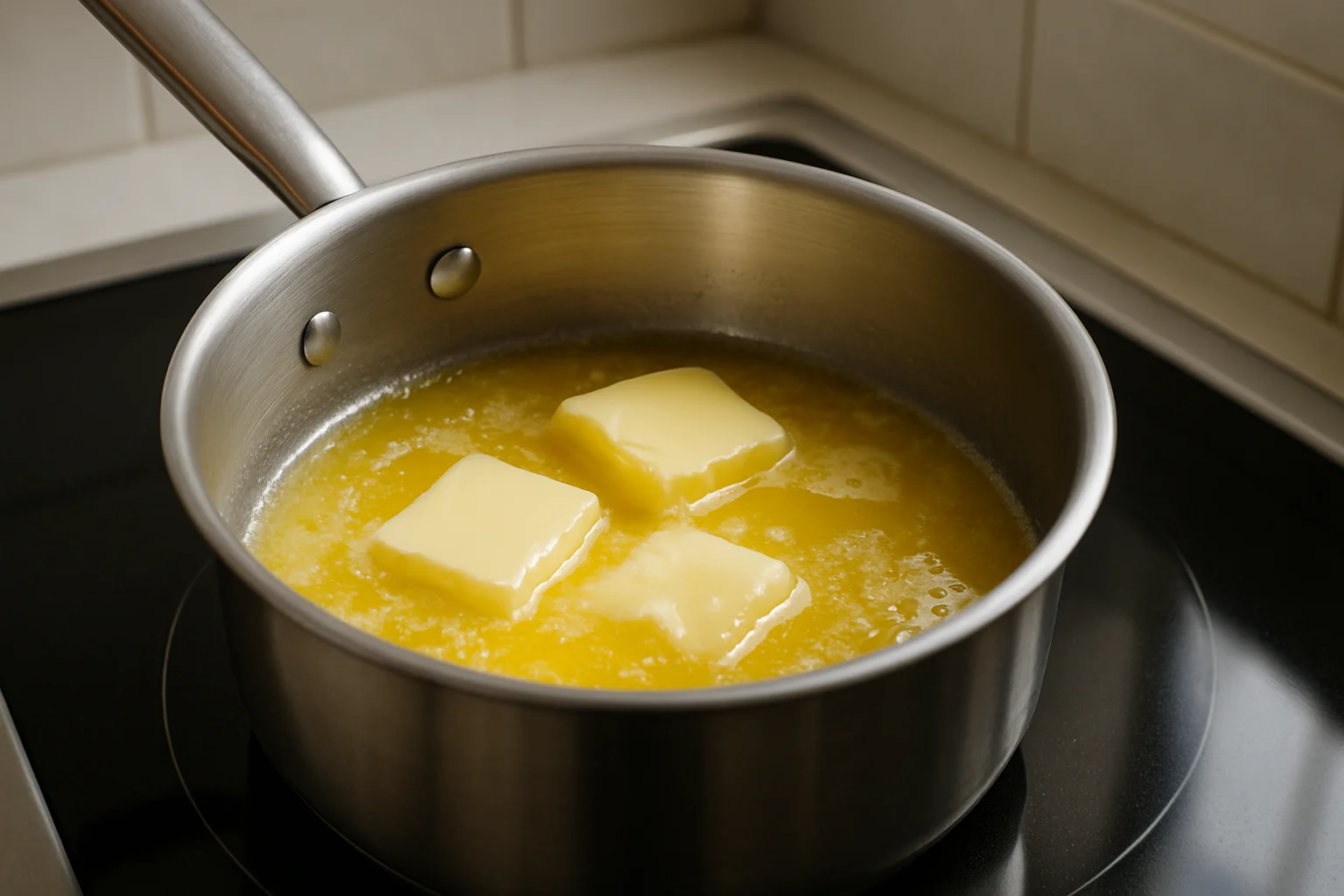 Beurre en train de fondre dans une petite casserole sur une plaque de cuisson.