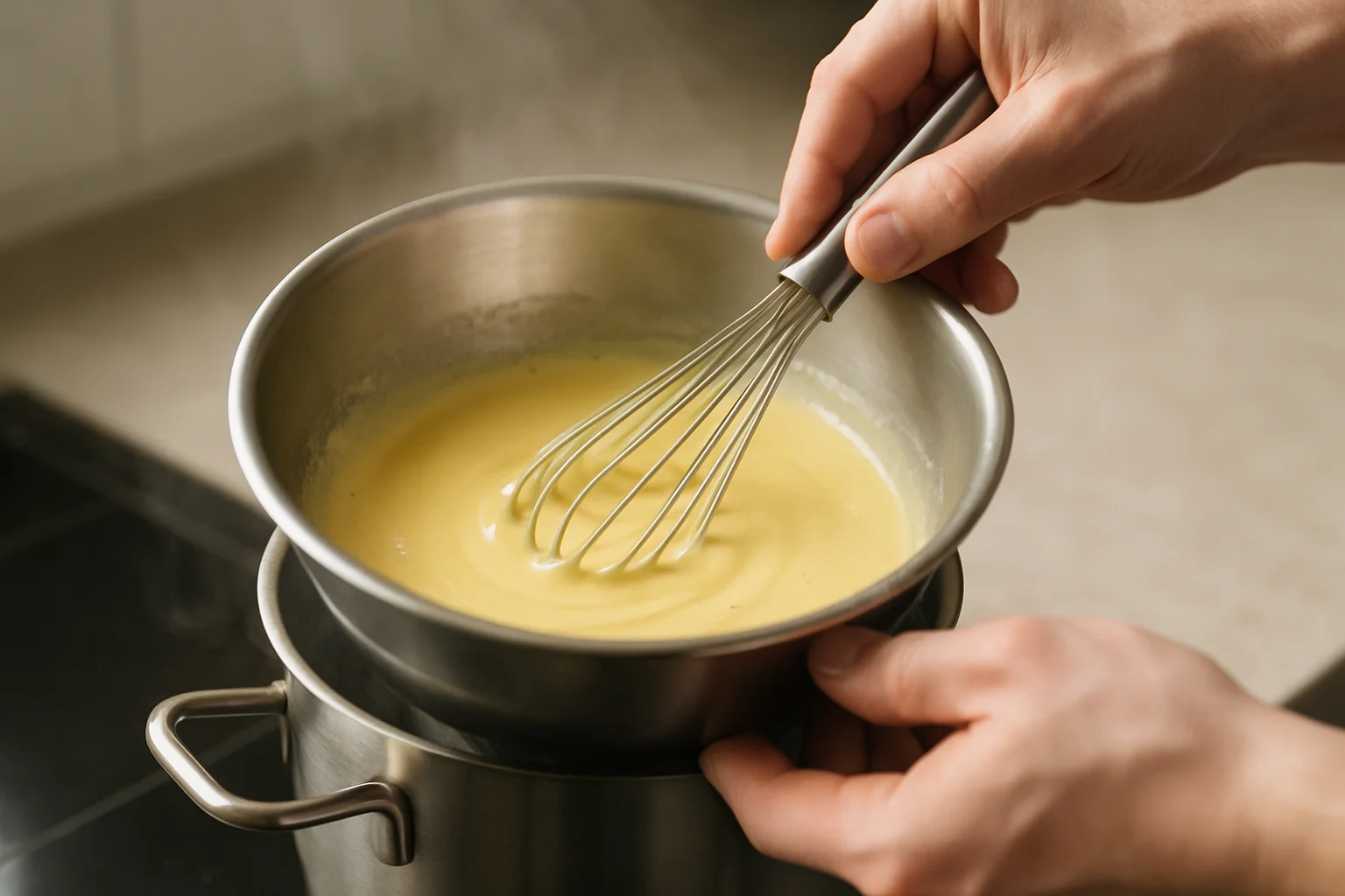 Sauce hollandaise fouettée dans un bol posé sur un bain-marie.