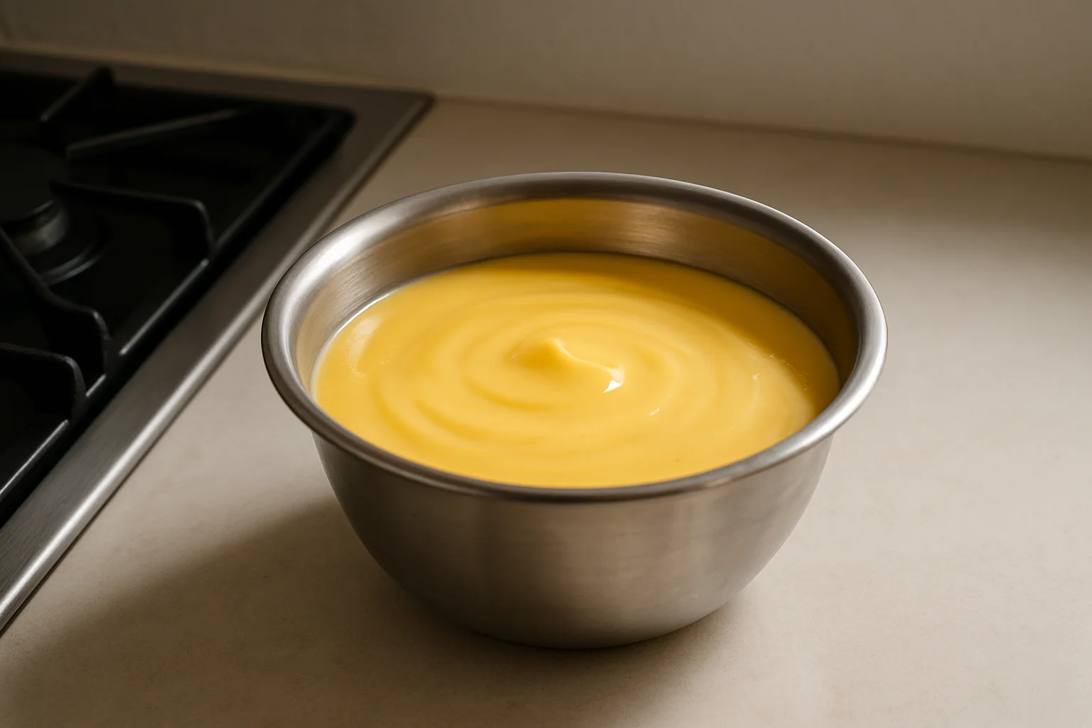 Bol de sauce hollandaise réservé au tiède près de la zone de cuisson.