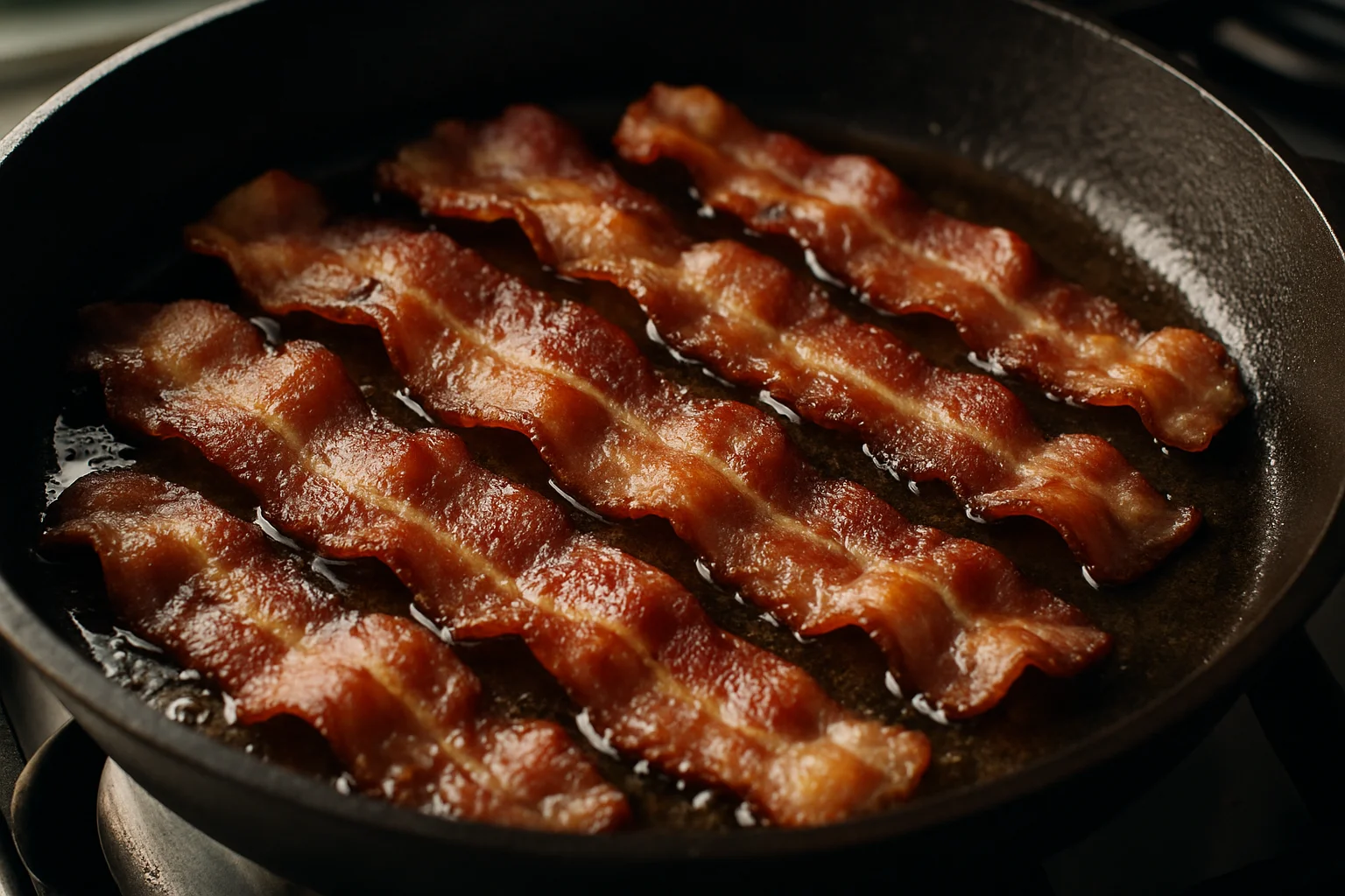 Tranches de bacon en train de cuire dans une poêle jusqu’à devenir croustillantes.
