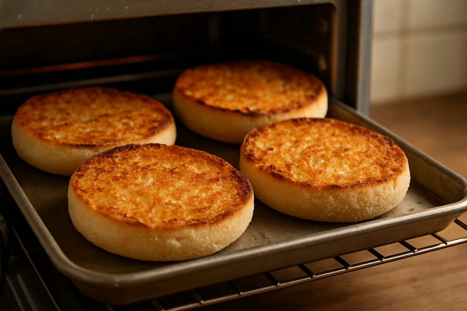 Moitiés de muffins anglais grillées jusqu’à être dorées.