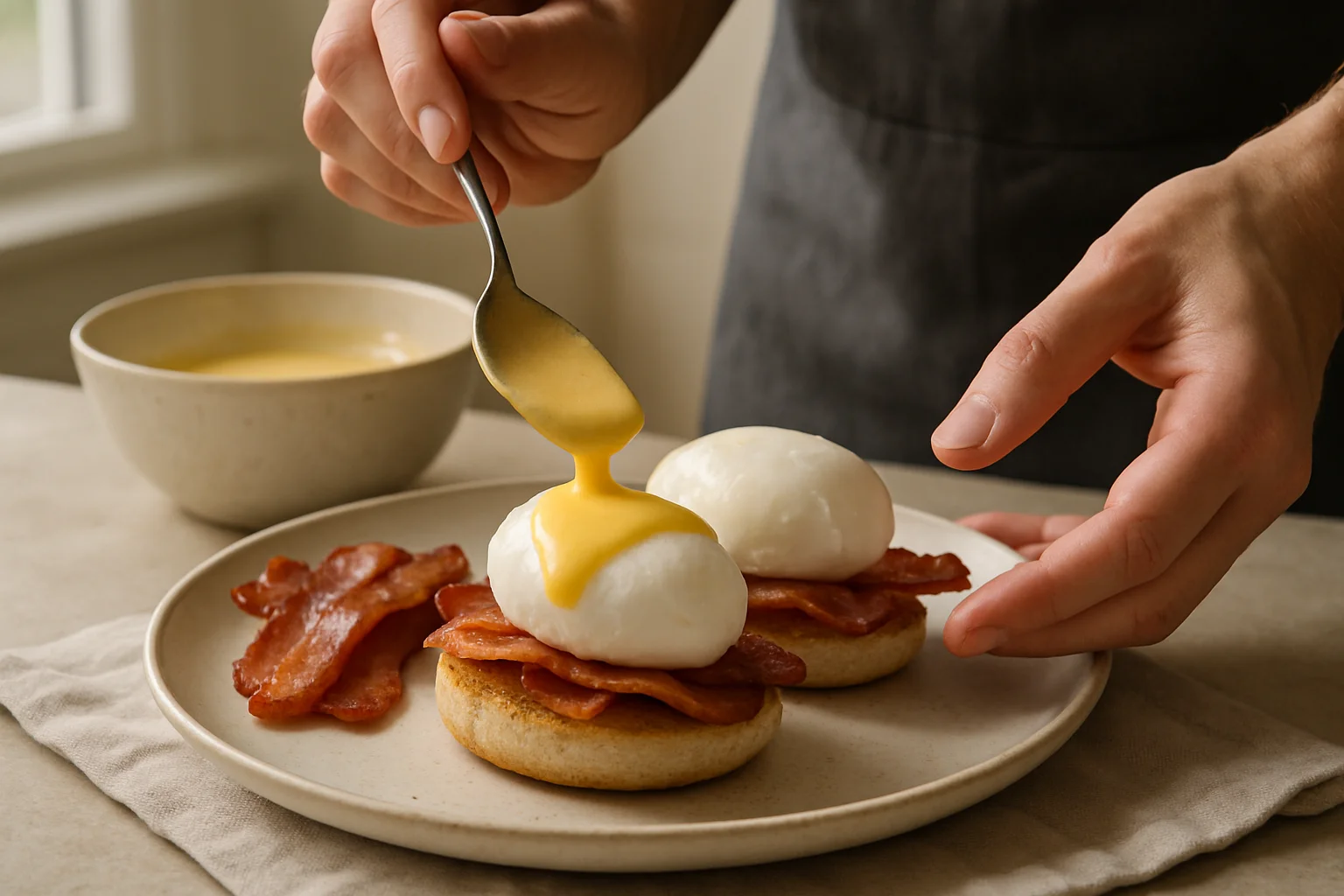 Montage des œufs Bénédicte sur des muffins grillés avec bacon, œufs pochés et hollandaise.